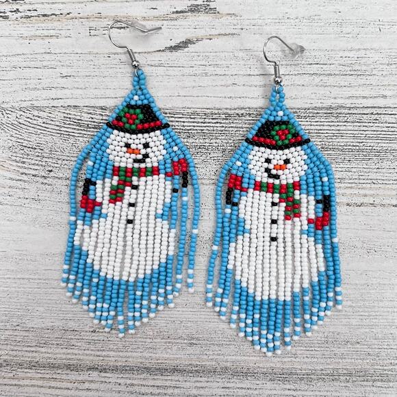 Beaded Snowman Earrings Holiday Christmas Fringe Seed Bead Dangle Fishhook - Picture 4 of 8